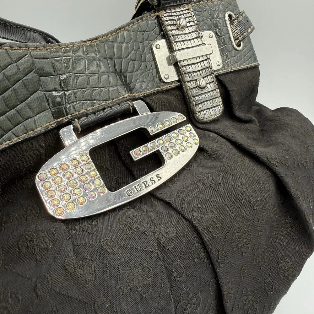 Vintage Y2K GUESS Black Monogram‎ Pleated Shoulder Bag Rhinestone Logo Croc Hobo